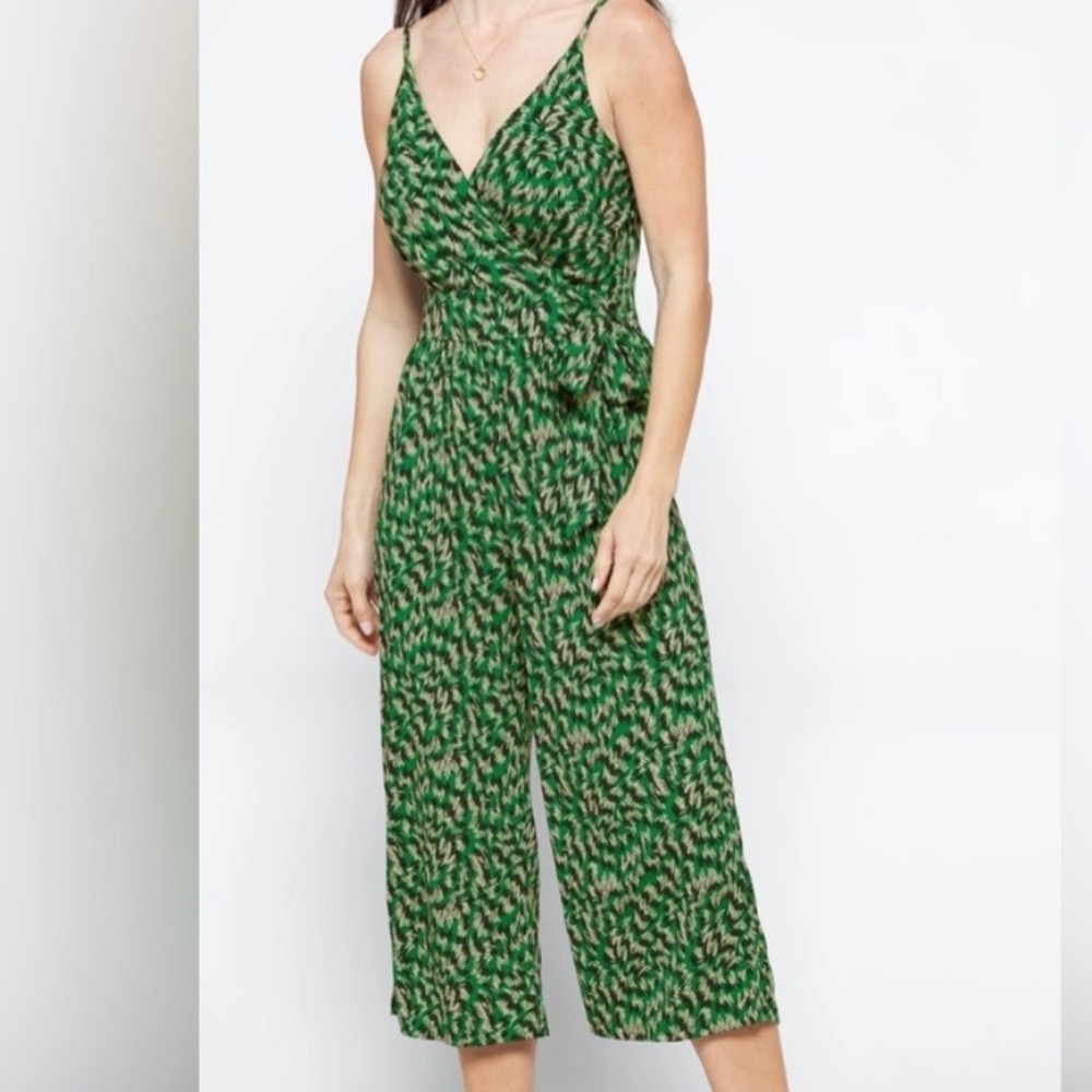 Stitch Fix Kaileigh Rica Green Abstract Cropped Jumpsuit Large Tie Belt Strappy